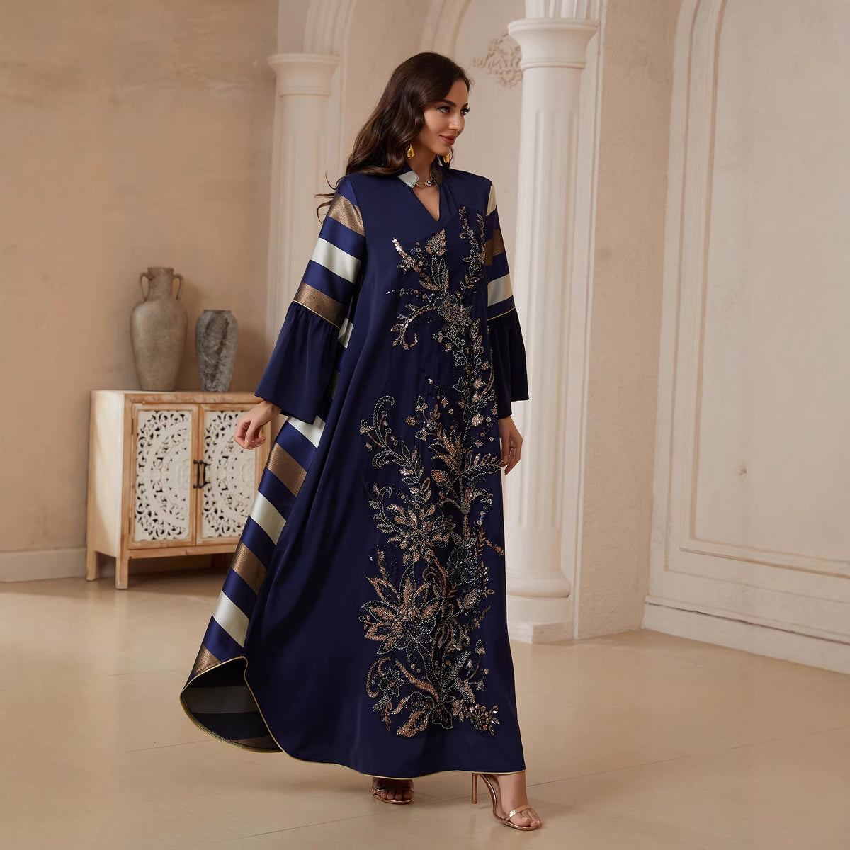 Women's Sequin Striped Maxi Dress – Long Sleeve Party Gown
