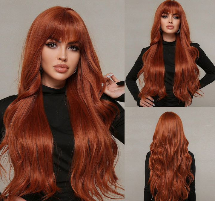 Long Curly Wig with Bangs – 30" Natural Wavy Synthetic Wig for Women