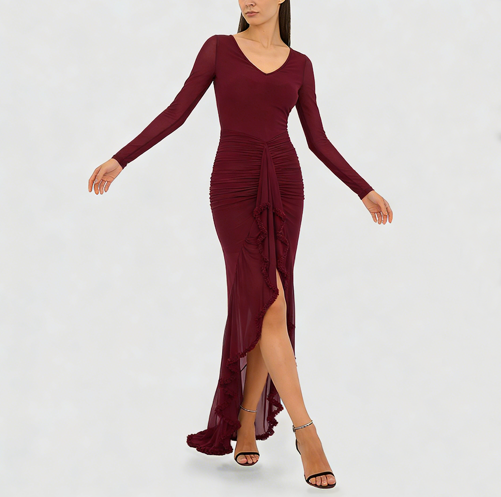Women's V-Neck Sheer Ruffle Skirt Dress