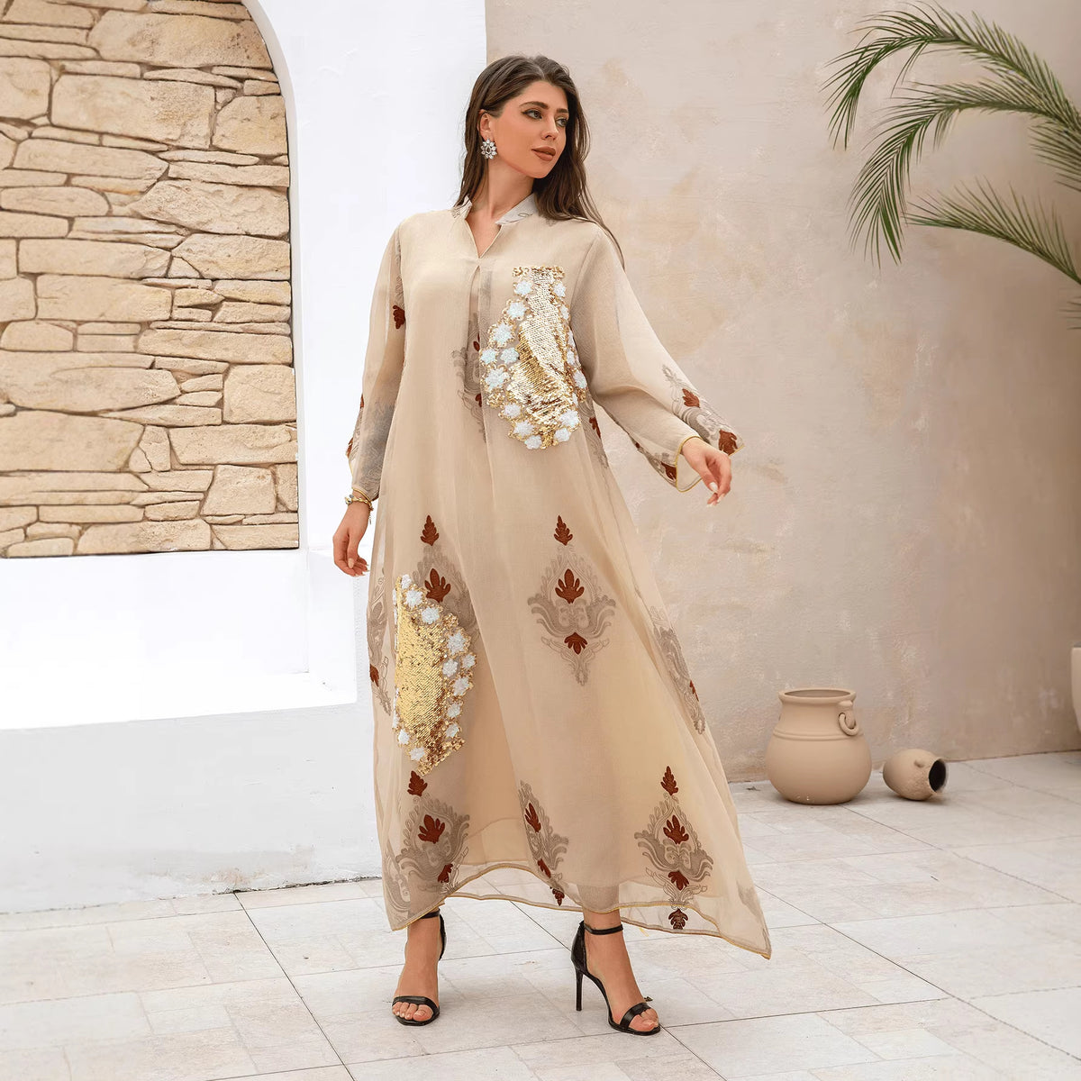 Women's Beaded Embroidered Maxi Dress – Long Sleeve Evening Gown