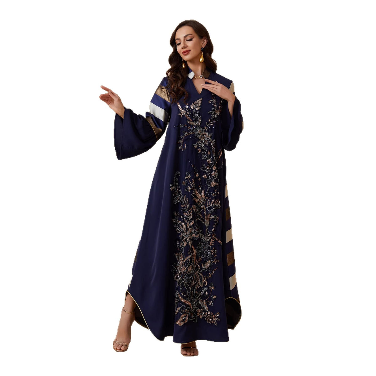Women's Sequin Striped Maxi Dress – Long Sleeve Party Gown
