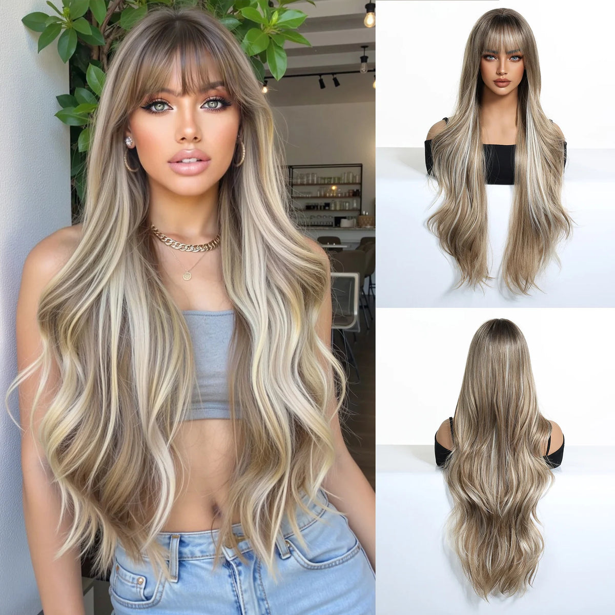Long Curly Wig with Bangs – 30" Natural Wavy Synthetic Wig for Women