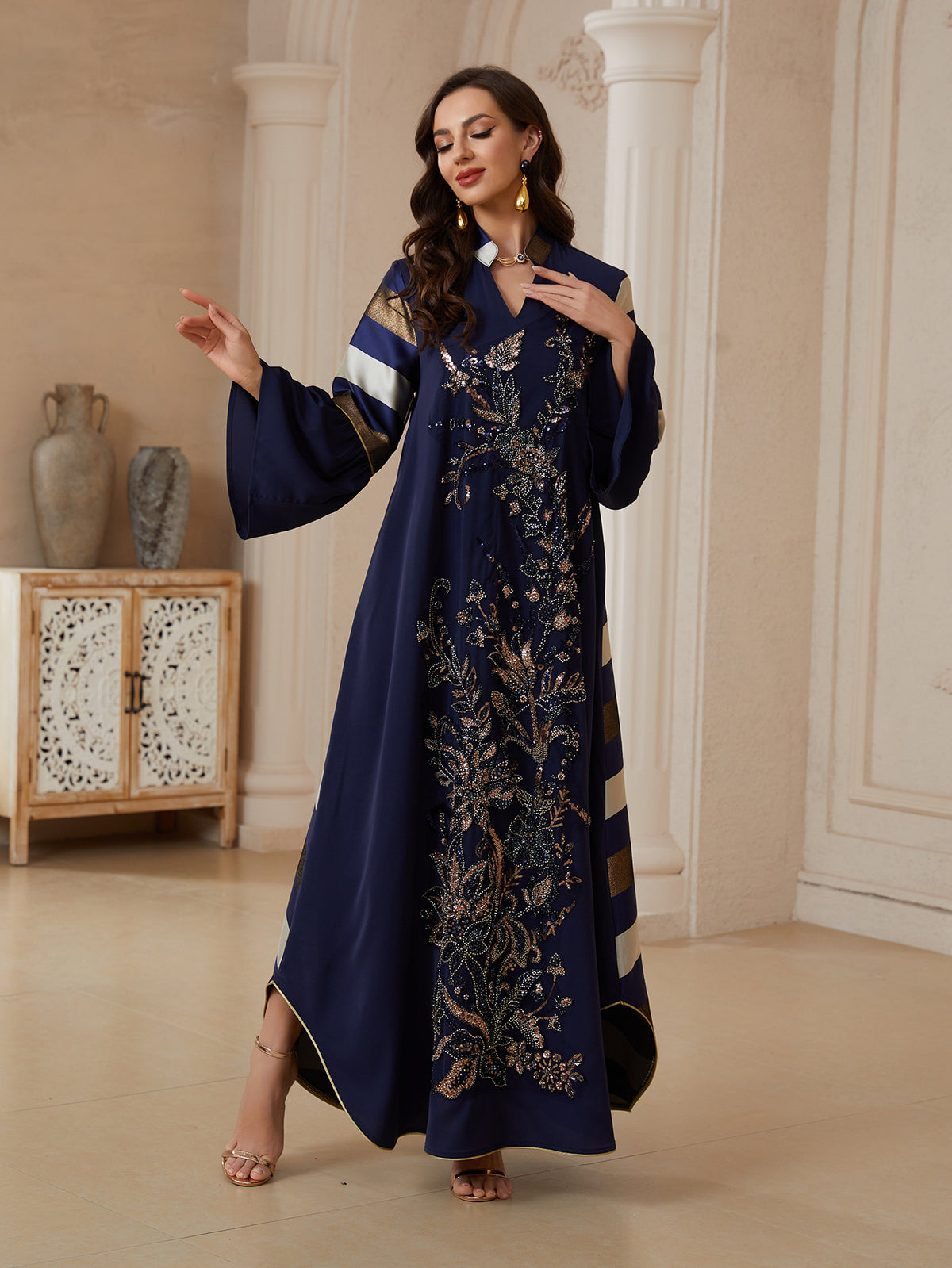 Women's Sequin Striped Maxi Dress – Long Sleeve Party Gown