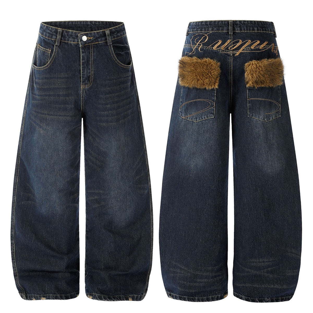 Women's distressed wide leg baggy jeans with letter embroidery in blue