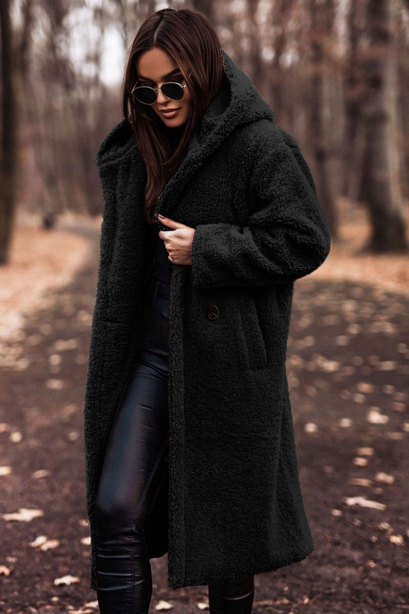 Women's long hooded teddy coat – oversized plush winter coat