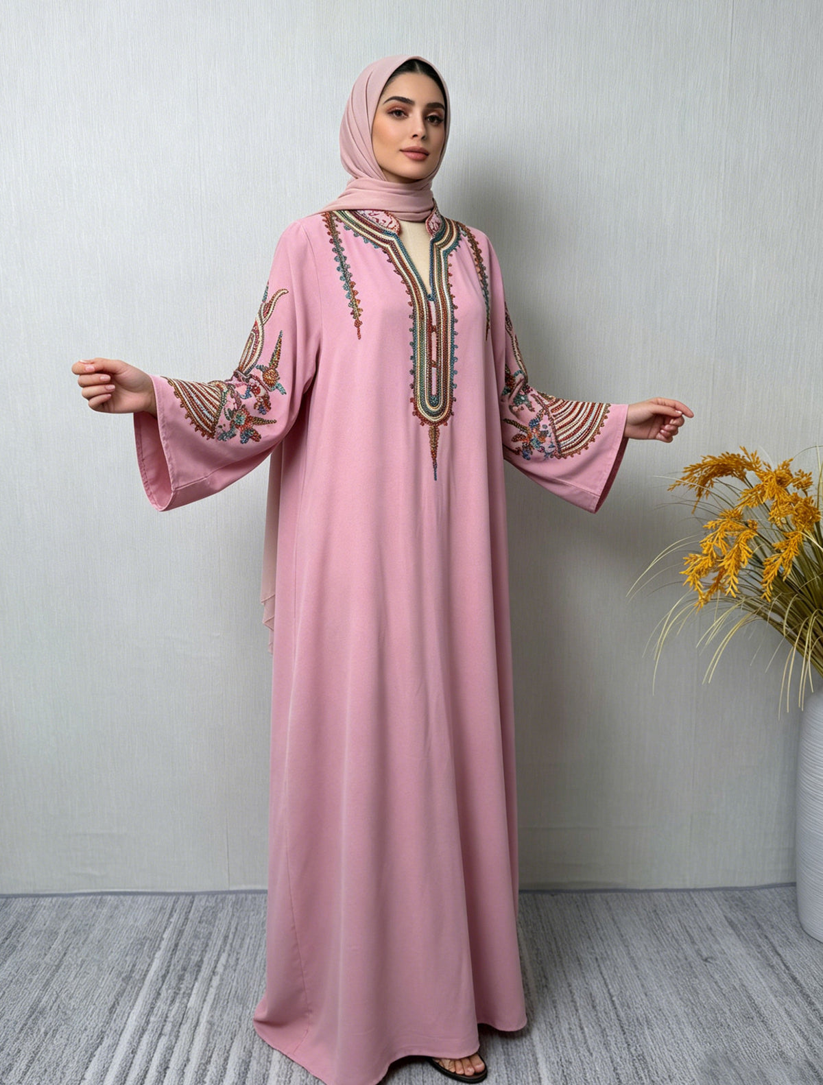 Women's Embroidered Maxi Robe Dress – Long Sleeve Elegant Loose Fit