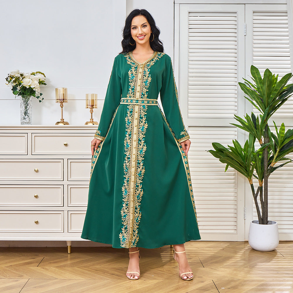 Women's Embroidered Round Neck Maxi Dress – Long Sleeve Loose Fit