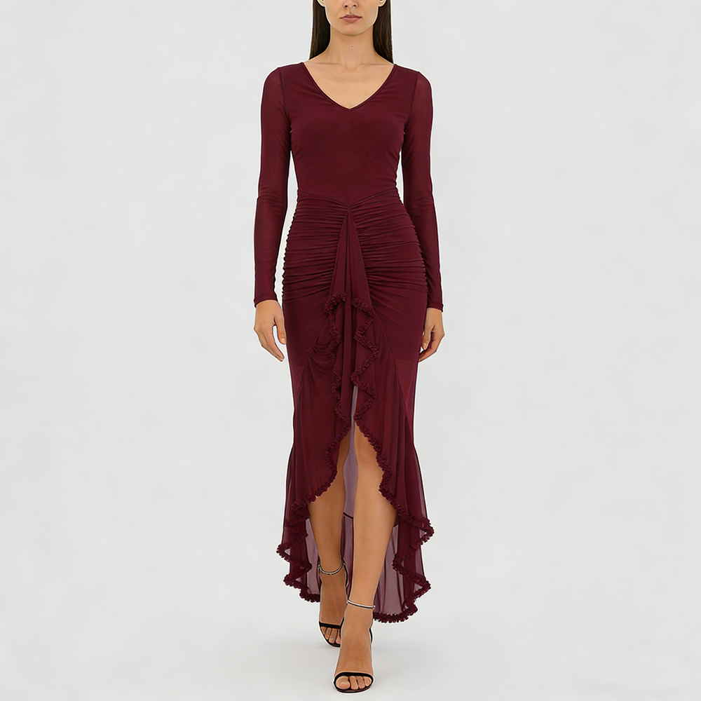 Women's V-Neck Sheer Ruffle Skirt Dress