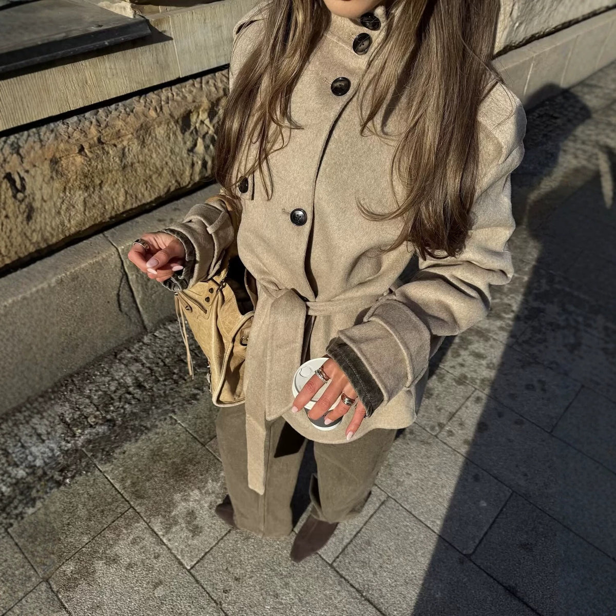Women's Stand Collar Button Mid-Length Jacket – Oversized Casual Coat