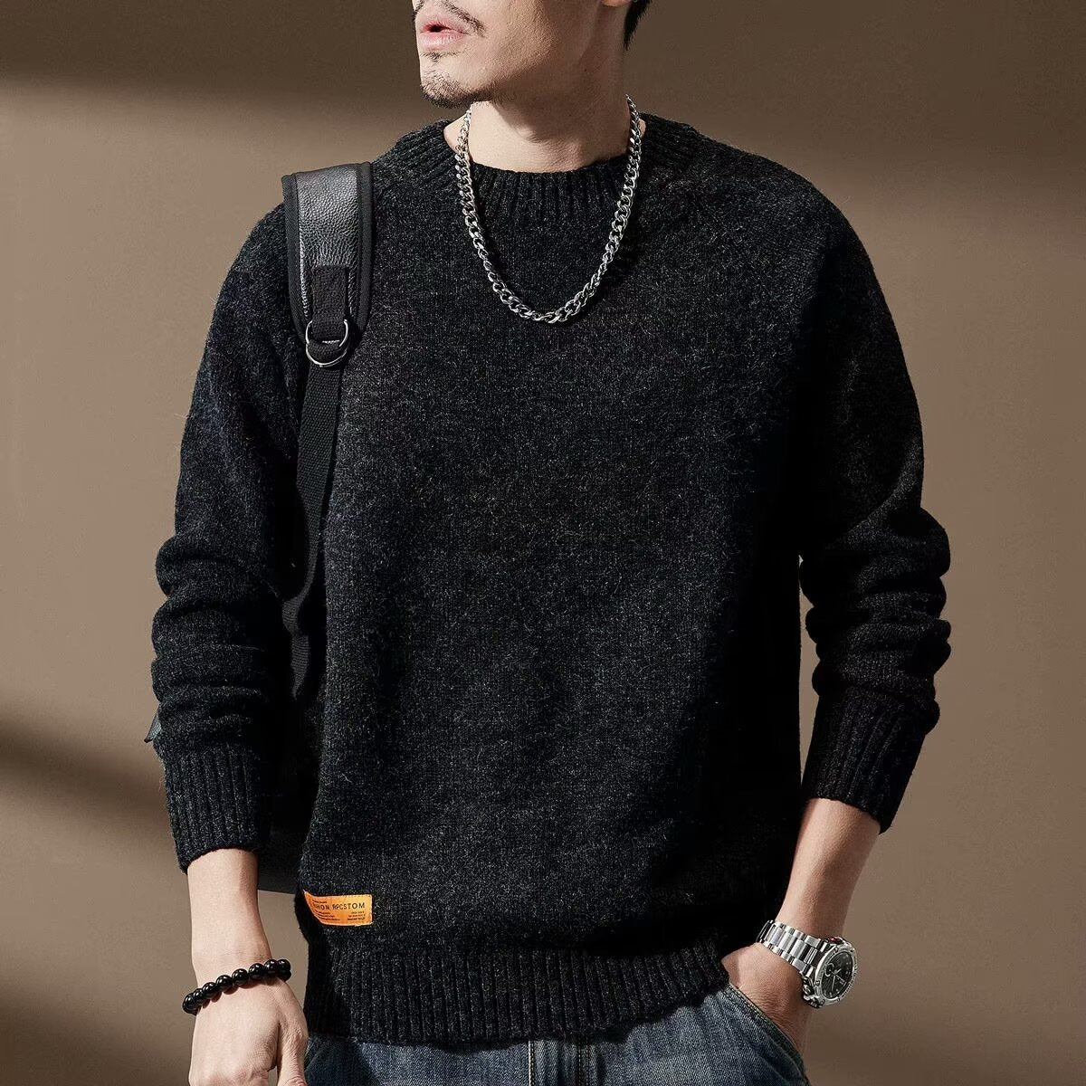 Men's Vintage Crew Neck Knit Sweater – Loose Fit Thick Pullover Jumper