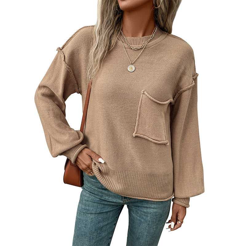 Women's Minimalist Solid Color Long Sleeve Pocket Loose Fit Sweater