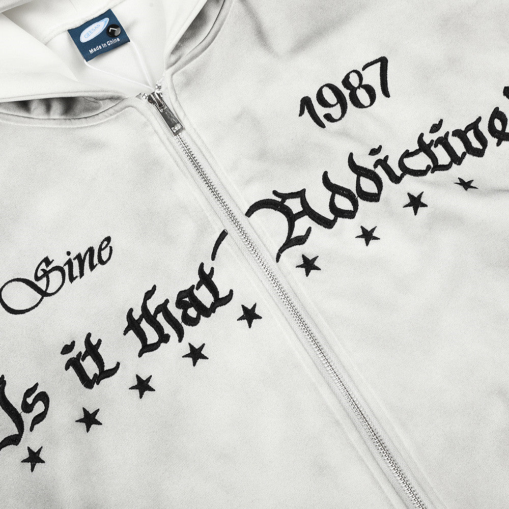 Men's Vintage Embroidered Zip-Up Hooded Jacket – Distressed Streetwear