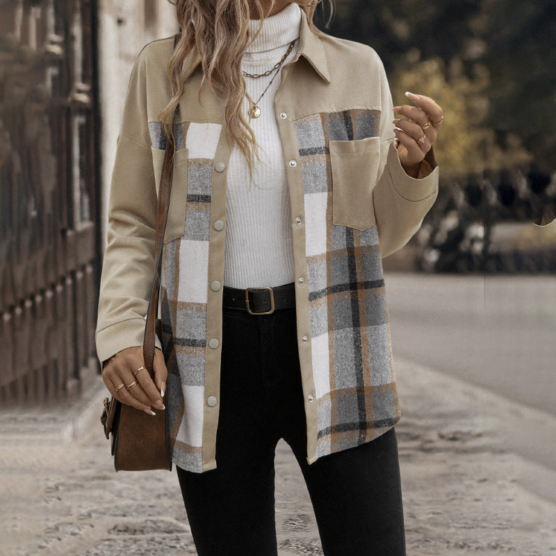 Plaid Lapel Pocket Khaki Shirt Jacket