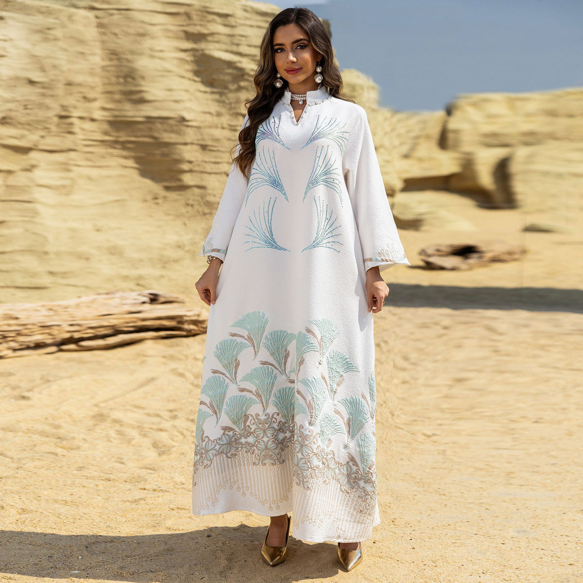Women's Rhinestone Embroidered Jacquard Maxi Dress – Long Sleeve