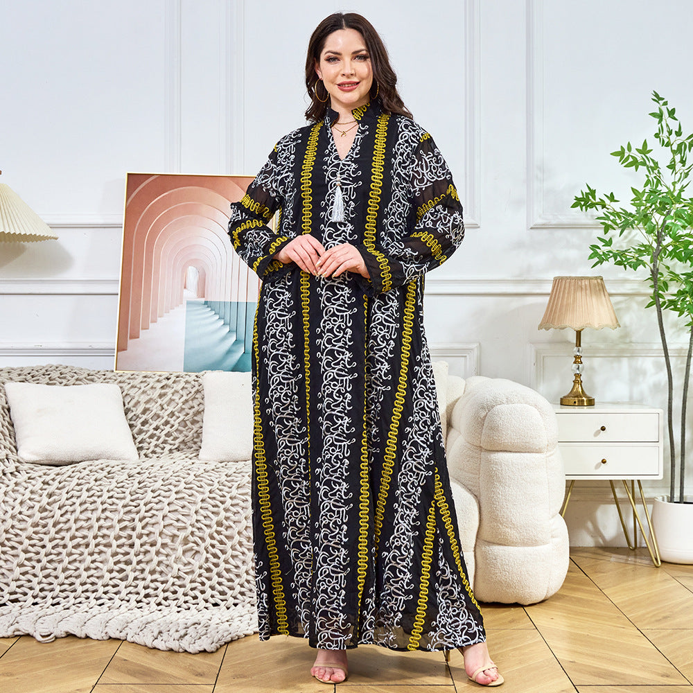 Women's Embroidered Tassel Maxi Dress – Long Sleeve Loose Fit