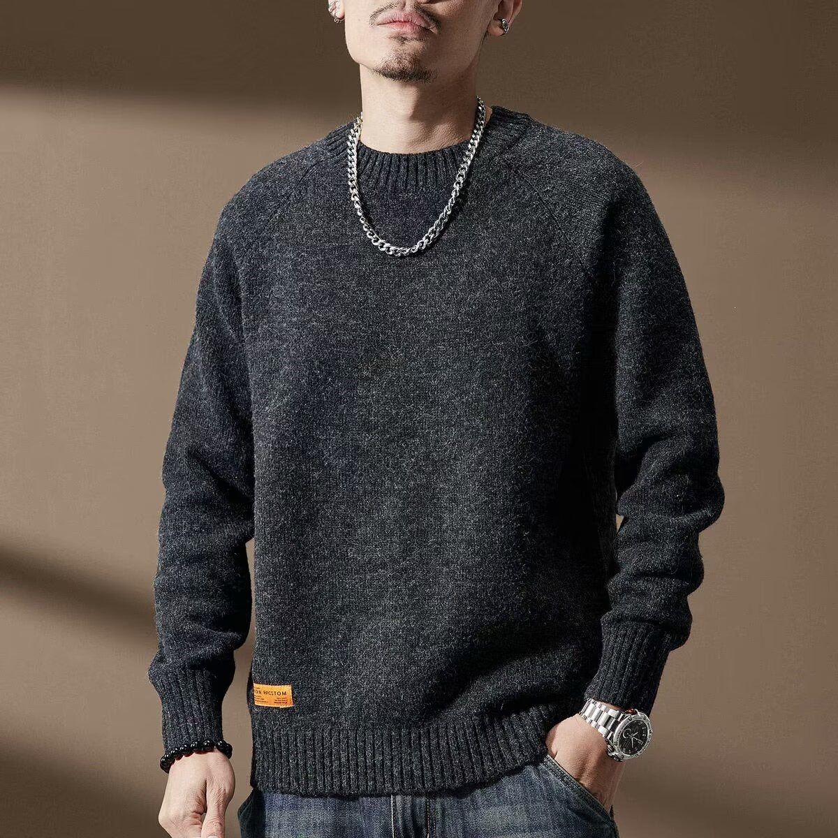 Men's Vintage Crew Neck Knit Sweater – Loose Fit Thick Pullover Jumper