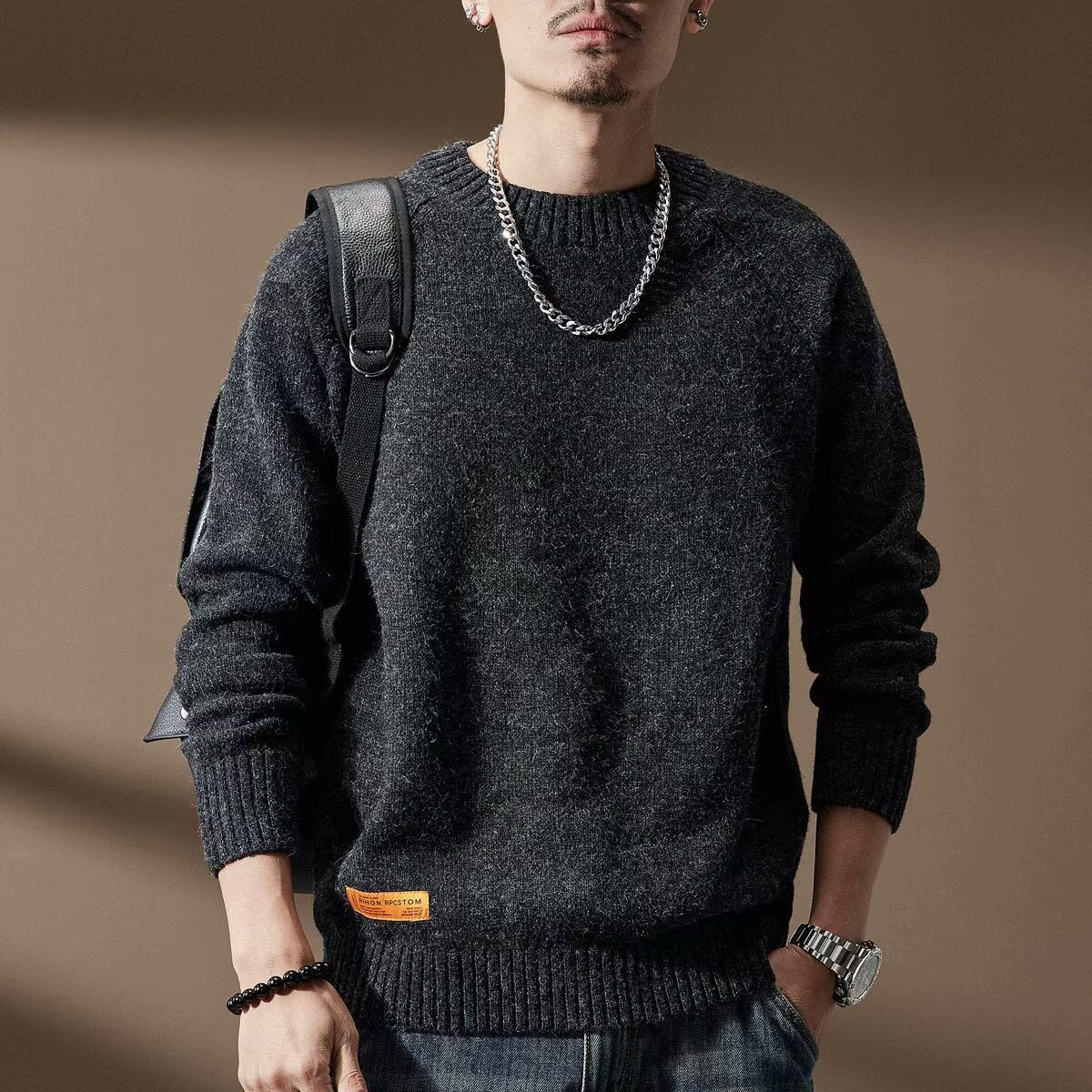 Men's Vintage Crew Neck Knit Sweater – Loose Fit Thick Pullover Jumper