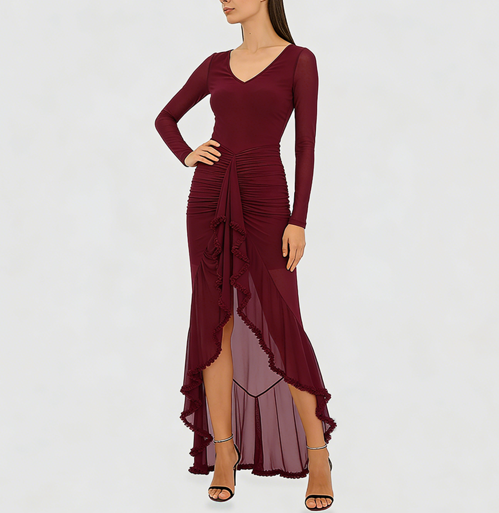 Women's V-Neck Sheer Ruffle Skirt Dress