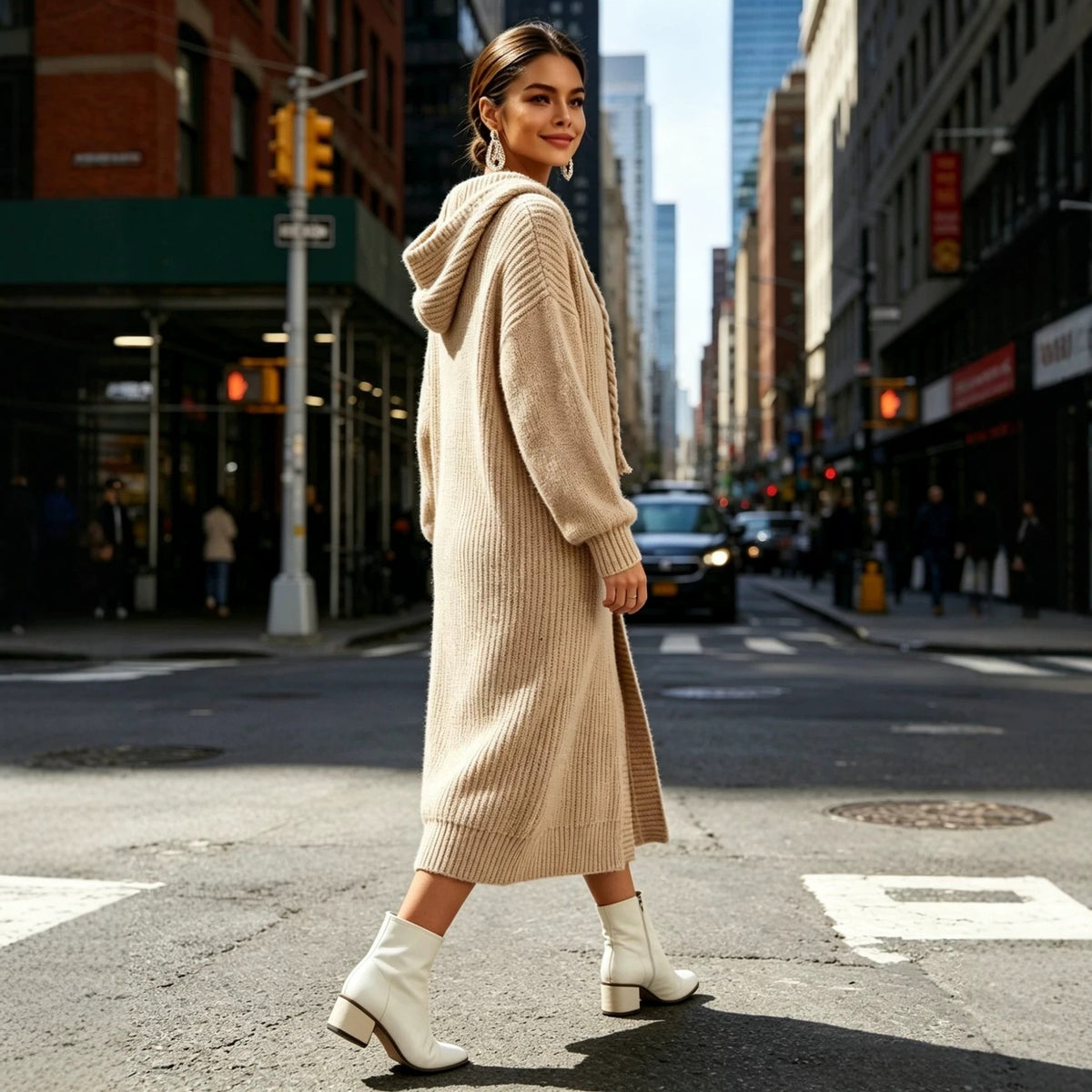 Women's Hooded Sweatshirt Dress – Oversized Drawstring Hoodie Dress