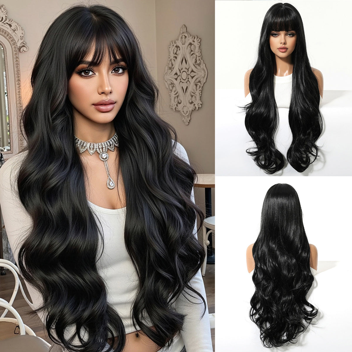Long Curly Wig with Bangs – 30" Natural Wavy Synthetic Wig for Women