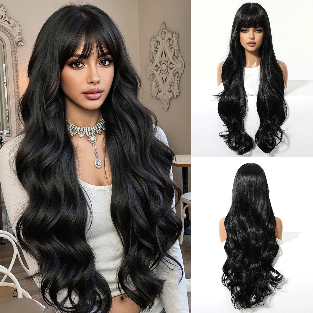 Long Curly Wig with Bangs – 30" Natural Wavy Synthetic Wig for Women