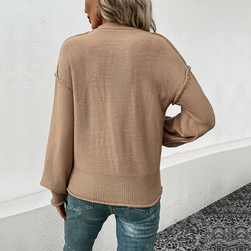 Women's Minimalist Solid Color Long Sleeve Pocket Loose Fit Sweater
