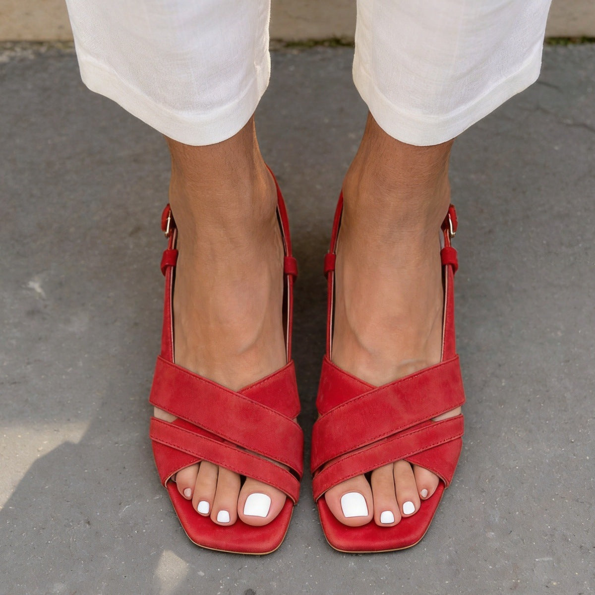 Women's Red Square Toe Mid Heel Buckle Sandals