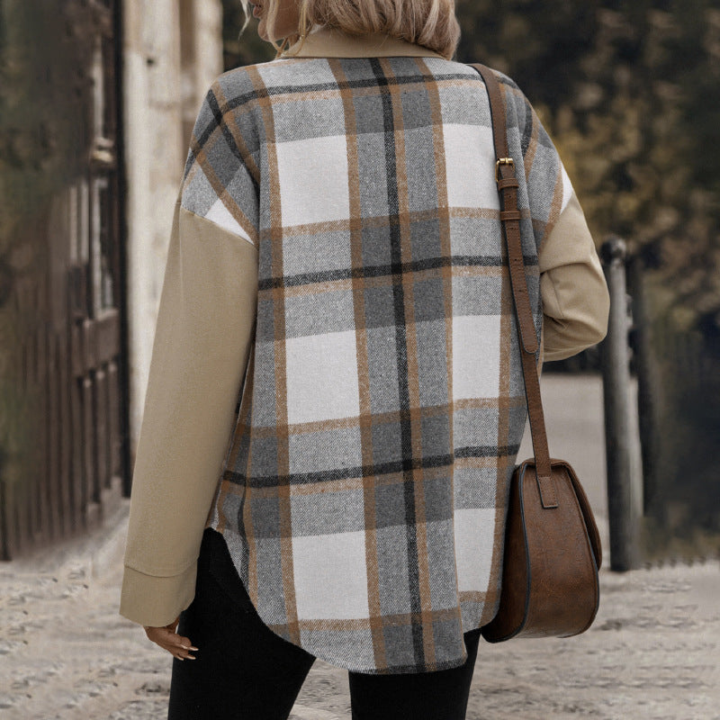 Plaid Lapel Pocket Khaki Shirt Jacket