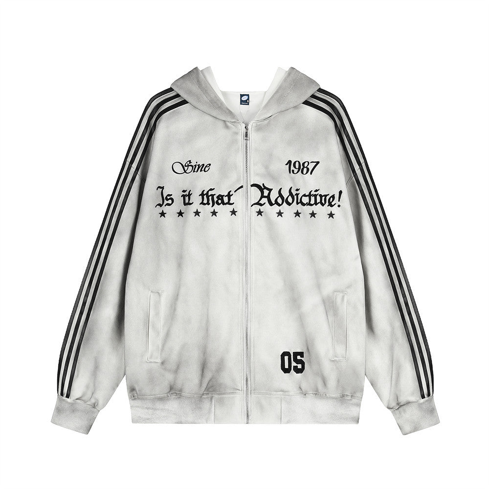 Men's Vintage Embroidered Zip-Up Hooded Jacket – Distressed Streetwear