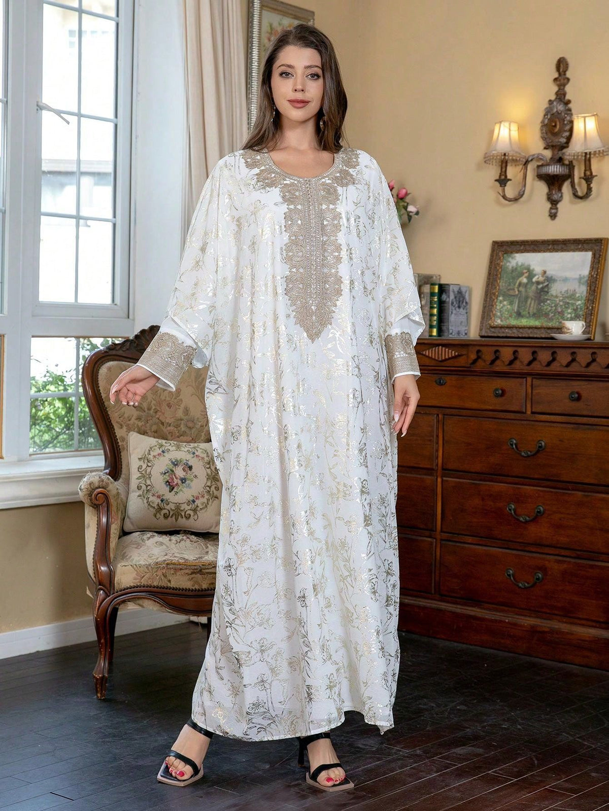 Women's White Layered Maxi Dress – Round Neck Long Sleeve Overlay