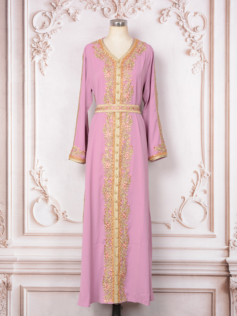 Women's Embroidered Round Neck Maxi Dress – Long Sleeve Loose Fit
