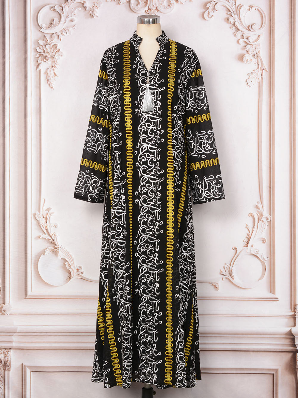 Women's Embroidered Tassel Maxi Dress – Long Sleeve Loose Fit