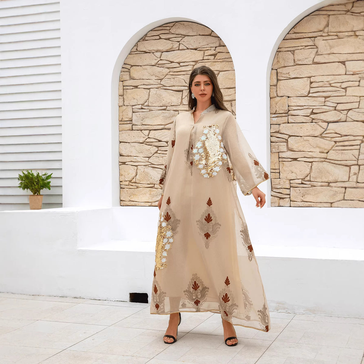 Women's Beaded Embroidered Maxi Dress – Long Sleeve Evening Gown