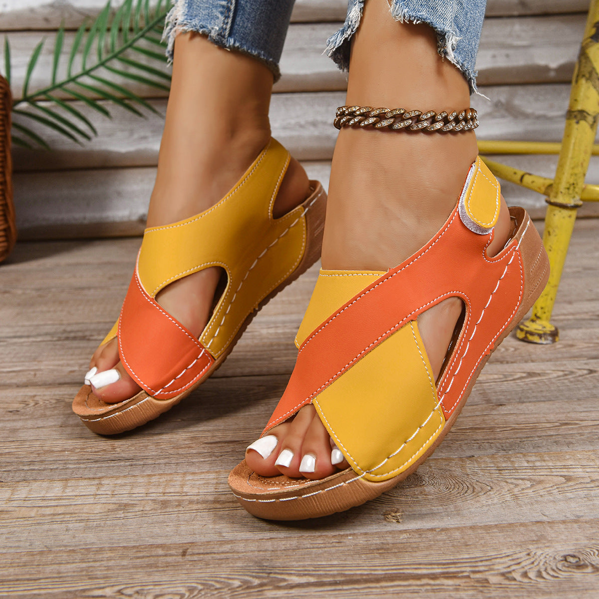 Women's Cut-Out Cross Strap Sandals with Easy Velcro Fastening