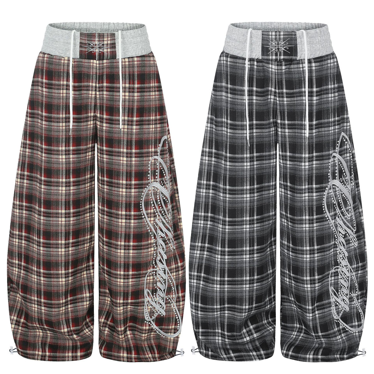 Women's plaid wide leg joggers with rhinestone colour block detail