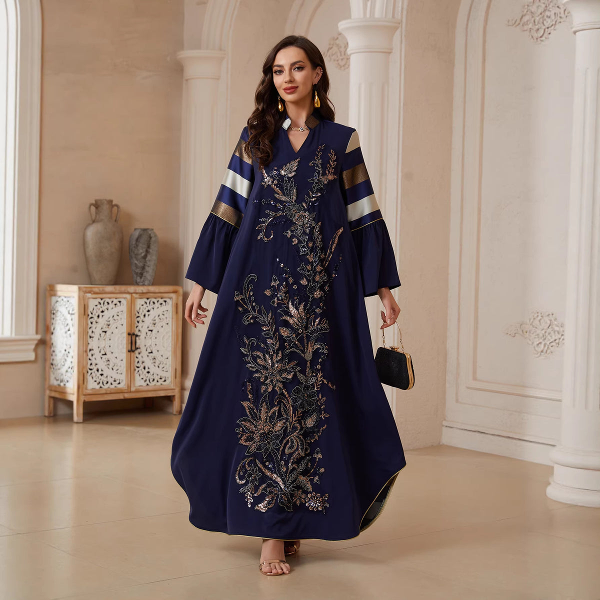 Women's Sequin Striped Maxi Dress – Long Sleeve Party Gown