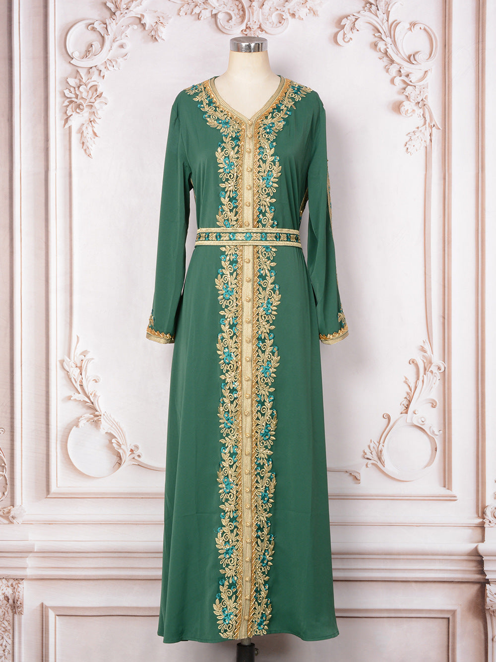 Women's Embroidered Round Neck Maxi Dress – Long Sleeve Loose Fit