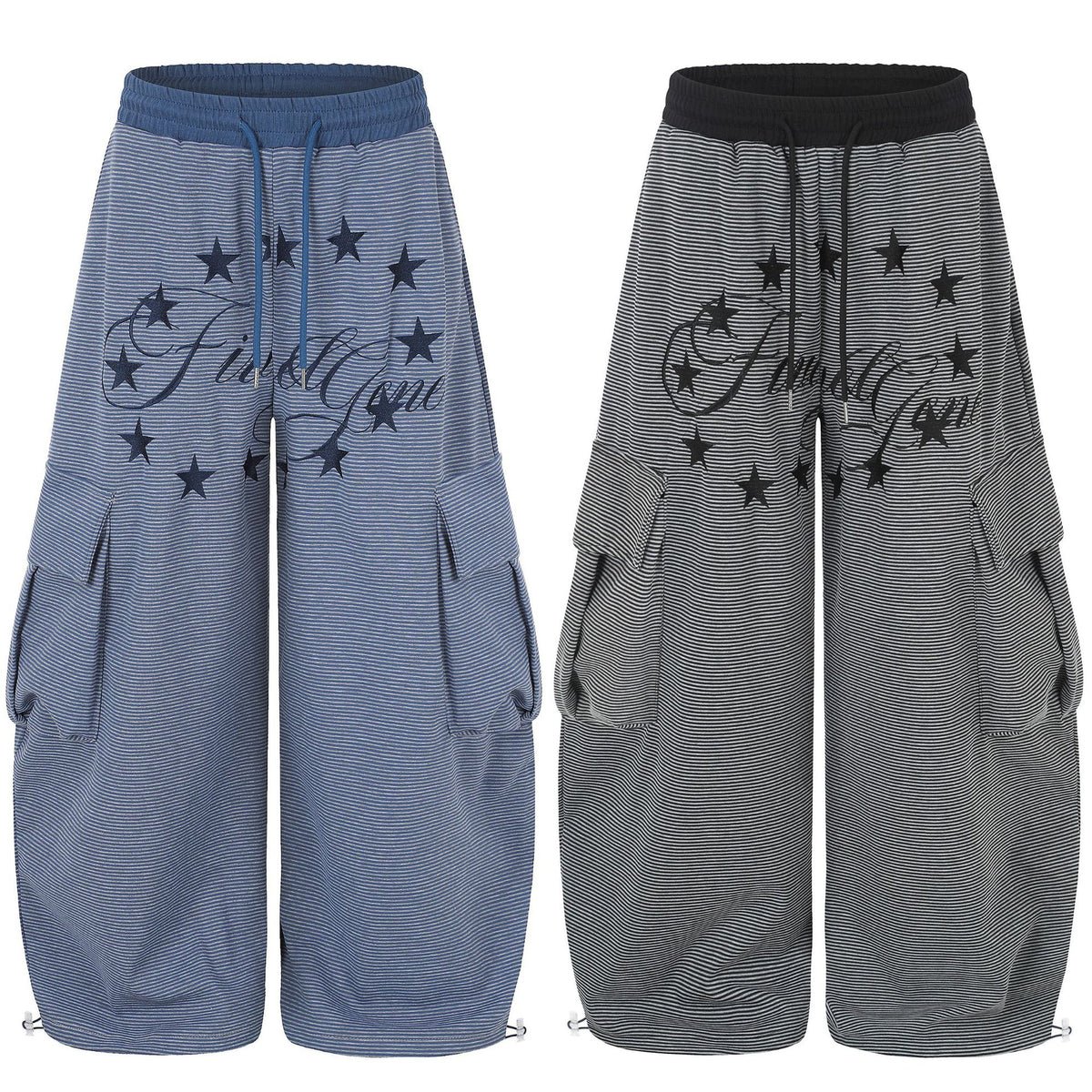 Women's striped star print cargo wide leg trousers with drawstring waist
