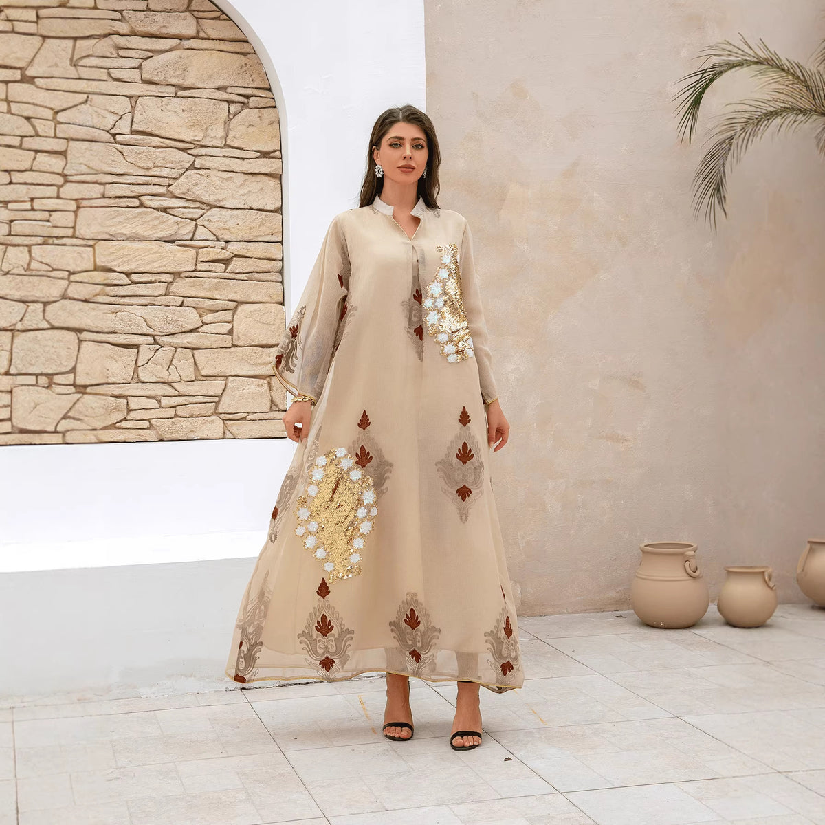 Women's Beaded Embroidered Maxi Dress – Long Sleeve Evening Gown