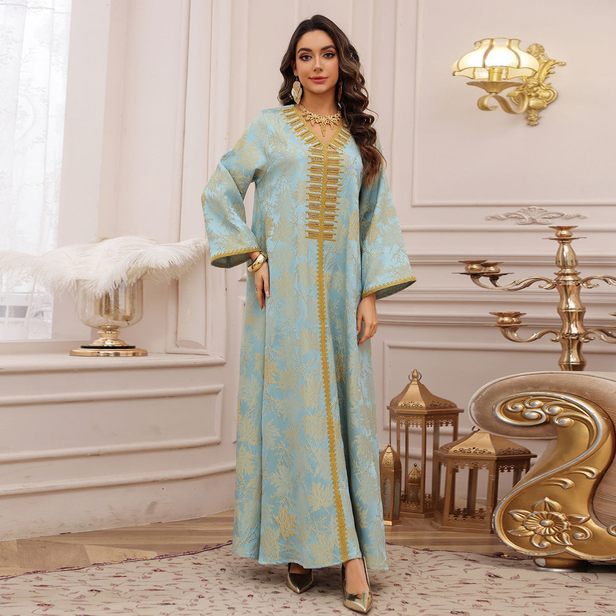 Women's Floral Embroidered Sequin Maxi Dress – Long Sleeve Evening Gown