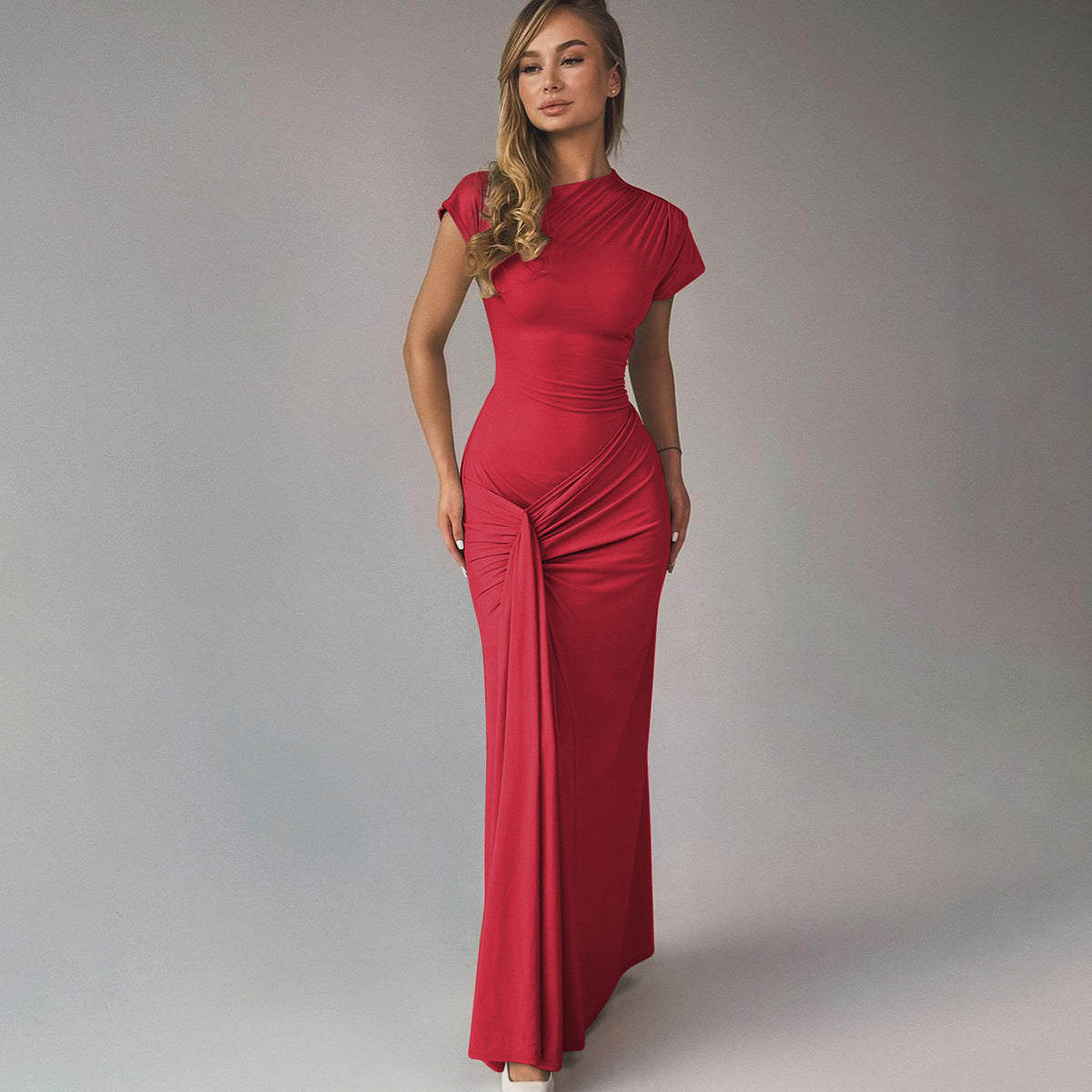 Women's Pleated Lace-Up Midi Dress – Slim Fit Round Neck