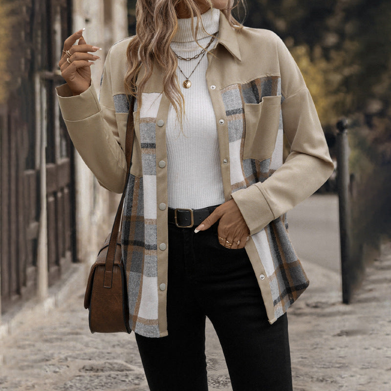 Plaid Lapel Pocket Khaki Shirt Jacket
