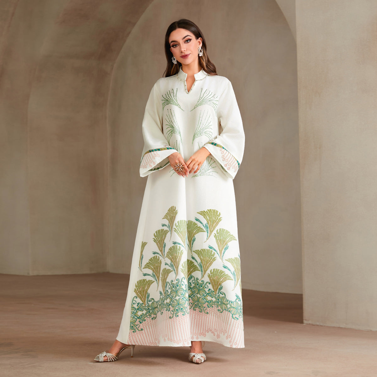 Women's Rhinestone Embroidered Jacquard Maxi Dress – Long Sleeve