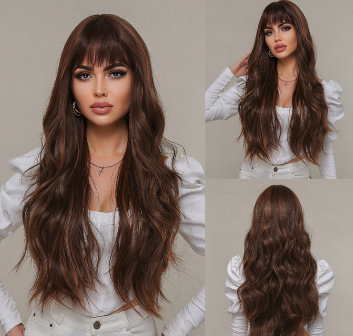 Long Curly Wig with Bangs – 30" Natural Wavy Synthetic Wig for Women