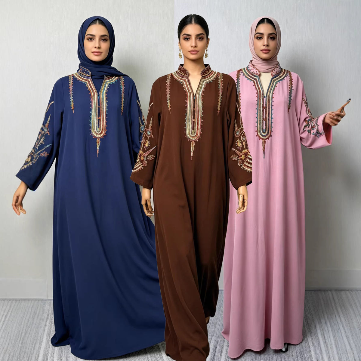 Women's Embroidered Maxi Robe Dress – Long Sleeve Elegant Loose Fit