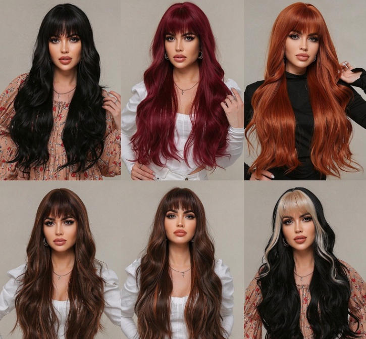 Long Curly Wig with Bangs – 30" Natural Wavy Synthetic Wig for Women