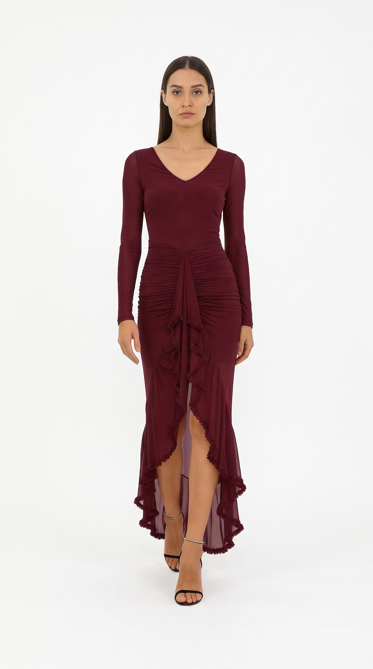 Women's V-Neck Sheer Ruffle Skirt Dress