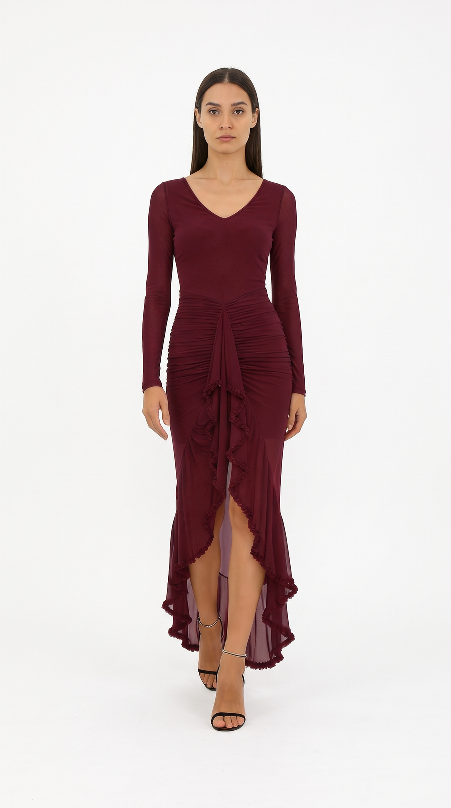Women's V-Neck Sheer Ruffle Skirt Dress