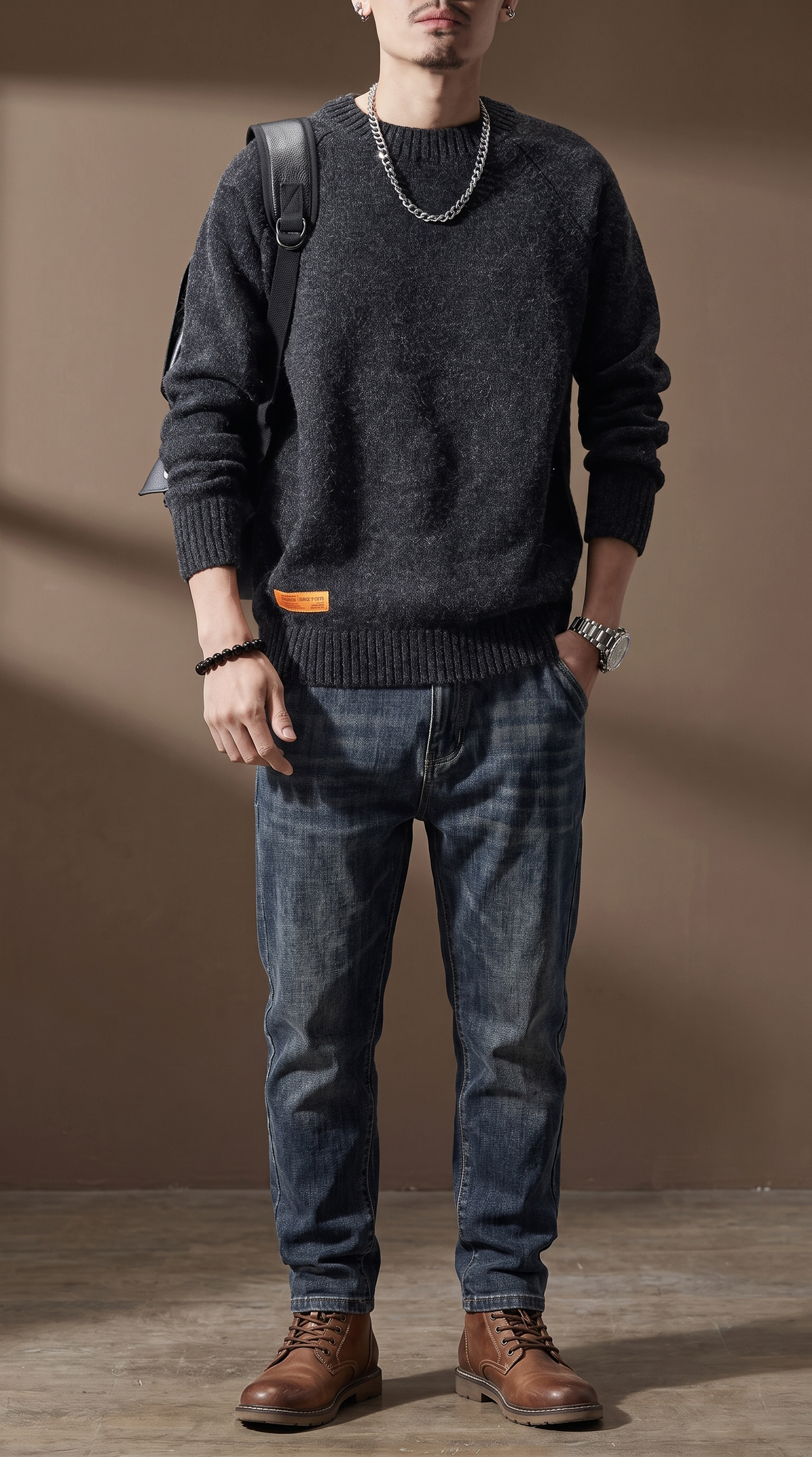 Men's Vintage Crew Neck Knit Sweater – Loose Fit Thick Pullover Jumper