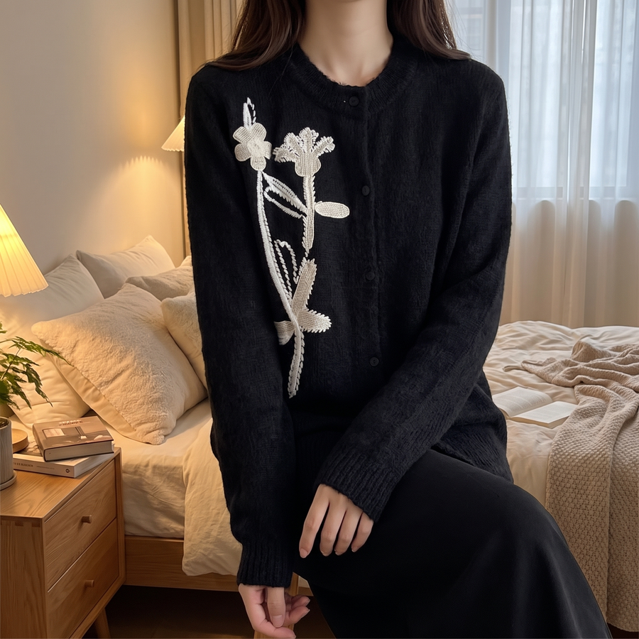 Flower Embroidered Knitted Coat